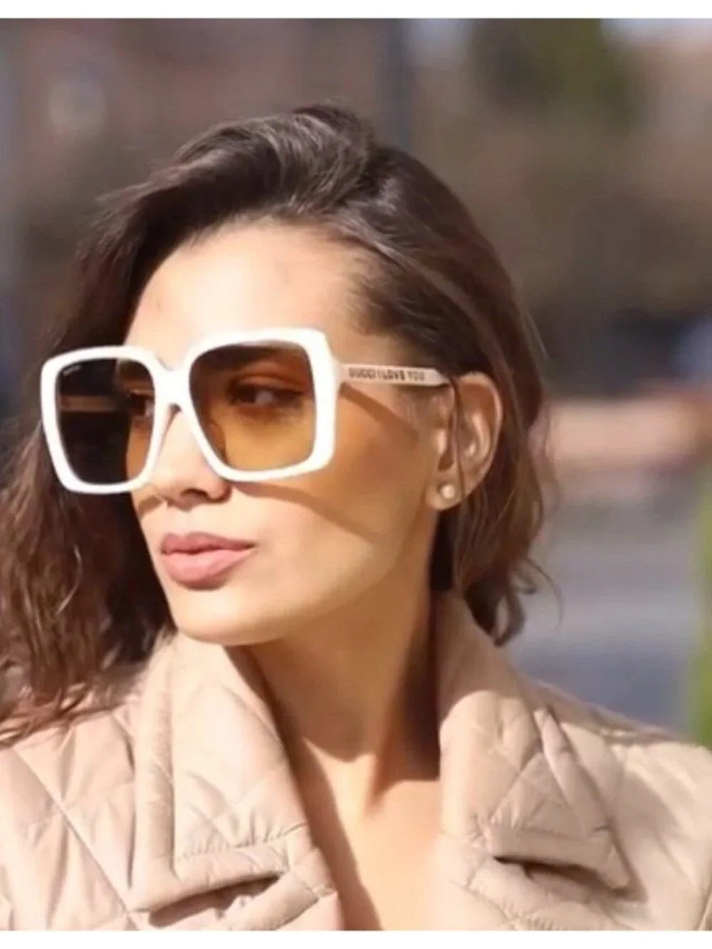 Gucci GG0567SAN 006 Square Women Sunglasses - Ivory / Brown
